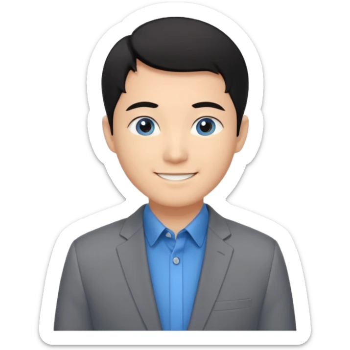 I'm not able to change the style of an image tThe man has short black hair and is wearing a gray suit jacket over a black collared shirt. He is standing in front of a white wall. The man's facial expression is smiling and he has asian type blue eyes. sticker