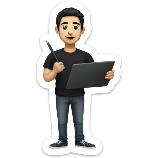 skinny guy with drawing tablet with black hair in black t-shirt sticker