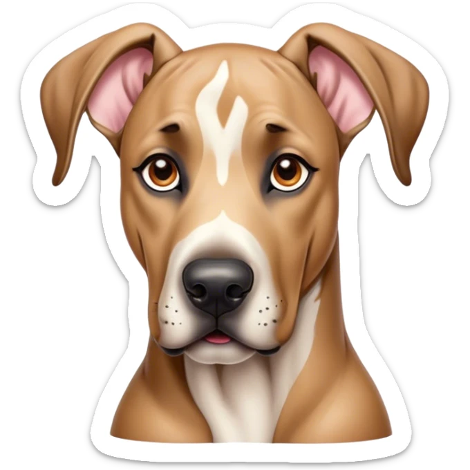 Cinematic Cute Fawn Great Dane Portrait Emoji, Head tilted playfully and inquisitively, showcasing a glossy fawn coat with a subtle luster, round, sparkling amber eyes filled with curiosity, Simplified yet irresistibly adorable features, highly detailed, glowing with a warm, friendly glow, high shine, affectionate and gentle, stylized with a touch of whimsy, bright and endearing, soft glowing outline, capturing the essence of a mischievous yet loving pup, so playful it feels like it could lumber out of the screen and into your arms! sticker