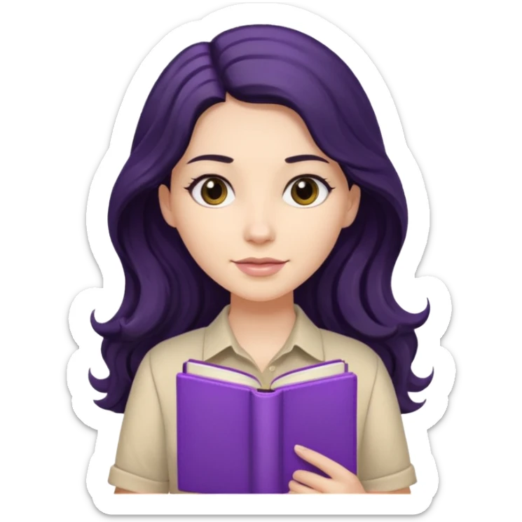 Long Hair Women with purple Book, Black wavy hair, beige shirt sticker