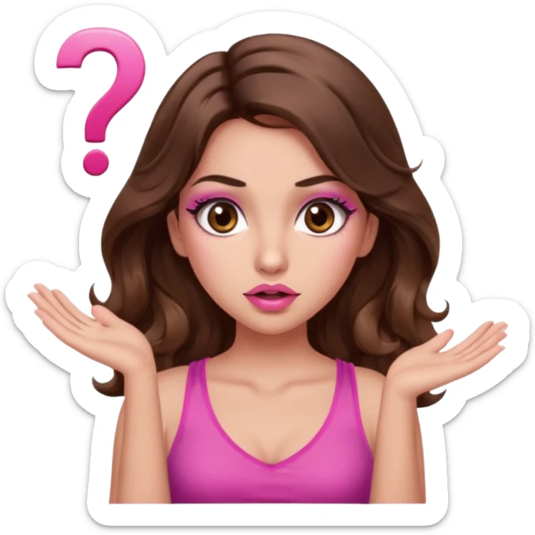 girl with long wavy brown hair, brown eyes, long lashes makeup, sexy pink lips, light to medium complexion, pink sexy top,, shrugging with both hands, confused, question mark sticker