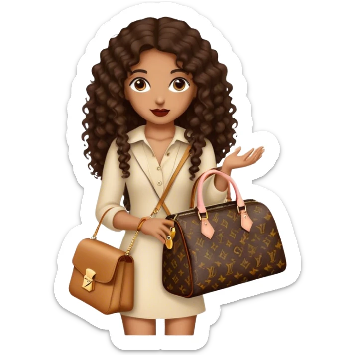 Medium Brown girl with long dark brown long curly hair carrying a Louis Vuitton bag on her arm sticker