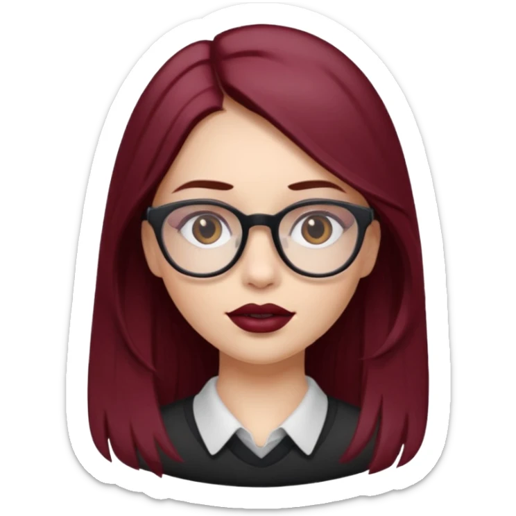 white-skinned girl with long brown hair showing maroon under hair, brown glasses, brown lipstick sticker