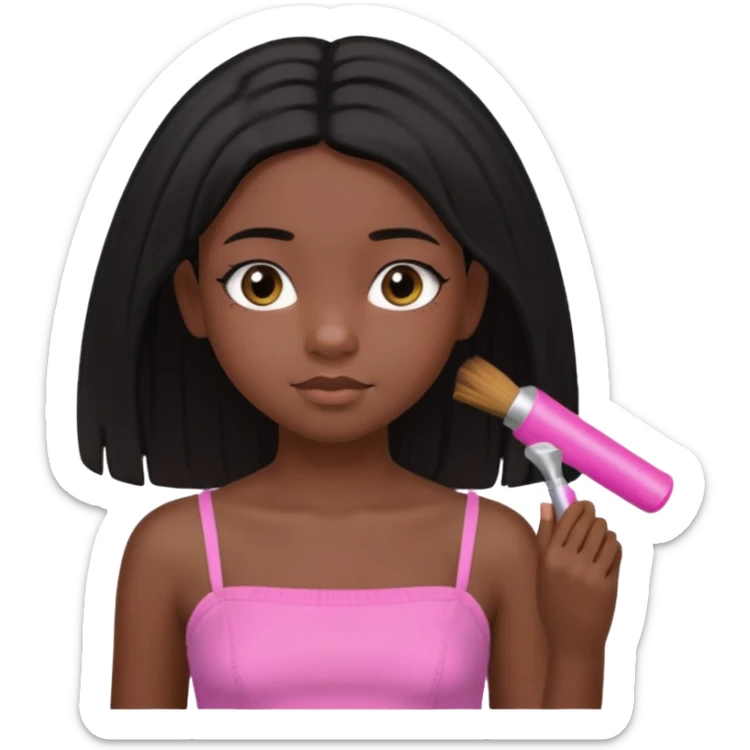 A black 12 yr old girl brushing her shoulder length hair, doe eyes, almond eyes pink tube top and black hair like the 3rd sticker