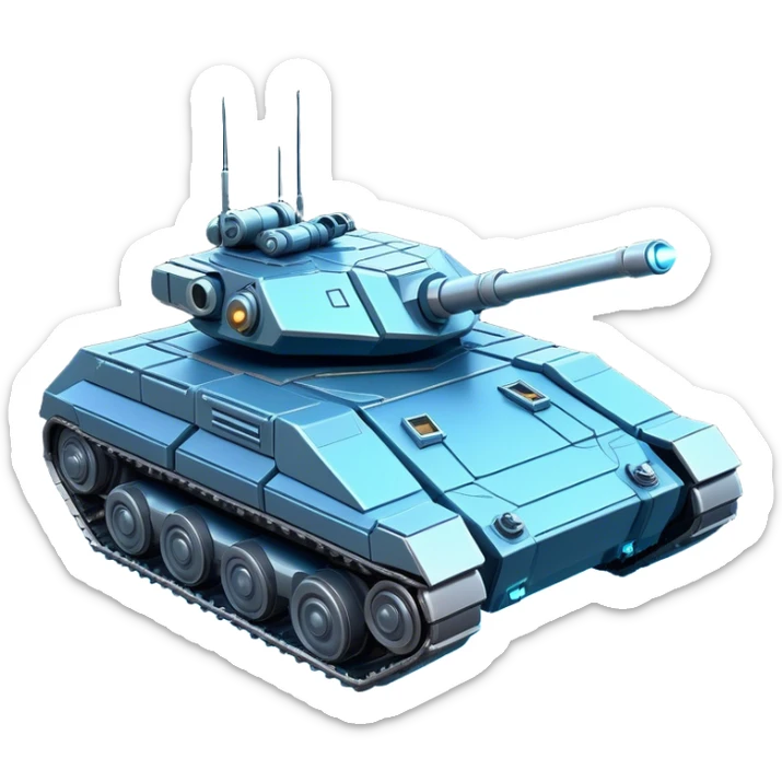 Clash of Clans aesthetic: Cinematic Playful Space Tank Emoji, rendered in a 3D vector-style similar to standard emojis with minimal shading and bold, simplified shapes. A robust, isometric armored vehicle with sleek futuristic plating and energy cannons, softly glowing with a high-tech cosmic combat charm. Simplified yet unmistakably iconic, highly detailed and consistent, glowing with a soft radiant shine and high gloss. Stylized with a touch of intergalactic warfare and a soft glowing outline, capturing the essence of a futuristic battle machine with a friendly, playful spirit! sticker