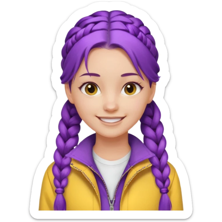 a beautiful girl face, long purple high pony single braided hair from the forehead, wearing a white shirt and a yellow jacket sticker