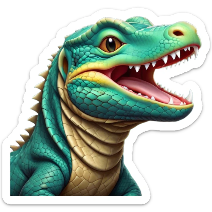 Cinematic Cute Yawning Komodo Dragon Lizard Portrait Emoji, Head slightly angled in a dramatic, wide-open yawn, showcasing rugged, textured scales and sleepy, half-closed eyes, Simplified yet irresistibly adorable features, highly detailed, glowing with a soft, cozy glow, high shine, relaxed yet expressive, stylized with a hint of whimsical wildness, soft glowing outline, capturing the essence of a drowsy yet endearing reptile that appears ready to stretch out for a nap! sticker