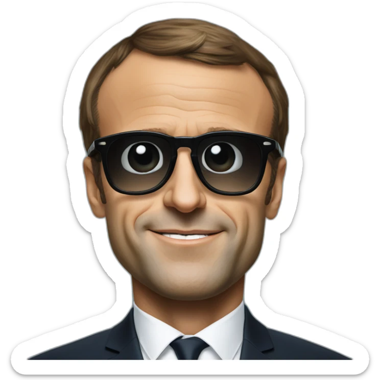 Emmanuel Macron wearing sunglasses, there is a big € on each eye of the glasses sticker