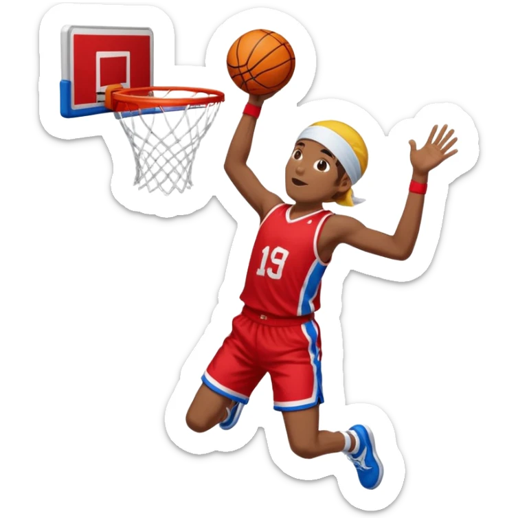 Yellow guy in red jersey and blue shorts and white headband jumping with basketball in hand trying to dunk sticker