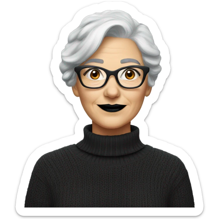 Attractive Caucasian grey-haired woman with wire frame glasses and black lipstick wearing a black sweater sticker