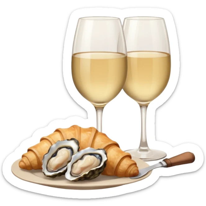 French cuisine humanless avatar in clean emoji-style illustration. 1 Croissant, oysters and wine glass, soft beige tones, simple shapes, flat design, refined and cozy. sticker