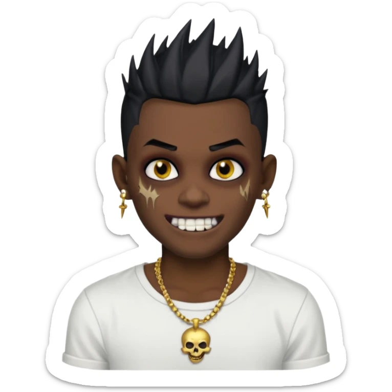 zombie boy with spiky emo black hair and white shirt , tattos, a risk on the eyebrow, earings,  a necklace emoji, with gold grills in his mouth and he’s smiling, change skin color to darkskin sticker