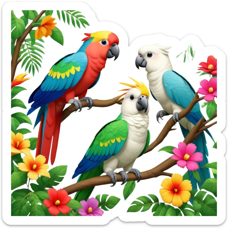 Close-up collage of vibrant Ara parrots and Inca cockatoos sitting on tree branches, surrounded by lush greenery. Bright colors of the birds stand out against a natural, sunny background of trees and flowers. Transparent background. sticker