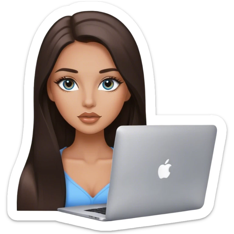 Glamours tanned very beautiful girl with pump natural peach beige lips and dark chocolate straight smooth long hair, blue-grey eyes with MacBook sticker