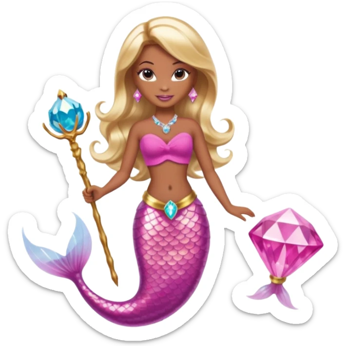 Brown skin blonde hair barbie mermaid with pink diamond tail and wand  sticker