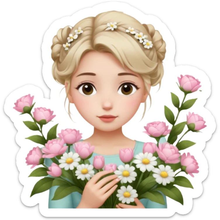 emojis.com a-girl--sitting--near-various-bouquets-of-flowers-,-white-and-pink-flowers-.-she-is-holding-a-single-white-flower-up-to-her-face,-her-hairstyle-is-slightly-messy-updo,-with-a-few-soft-strands-f (1) sticker