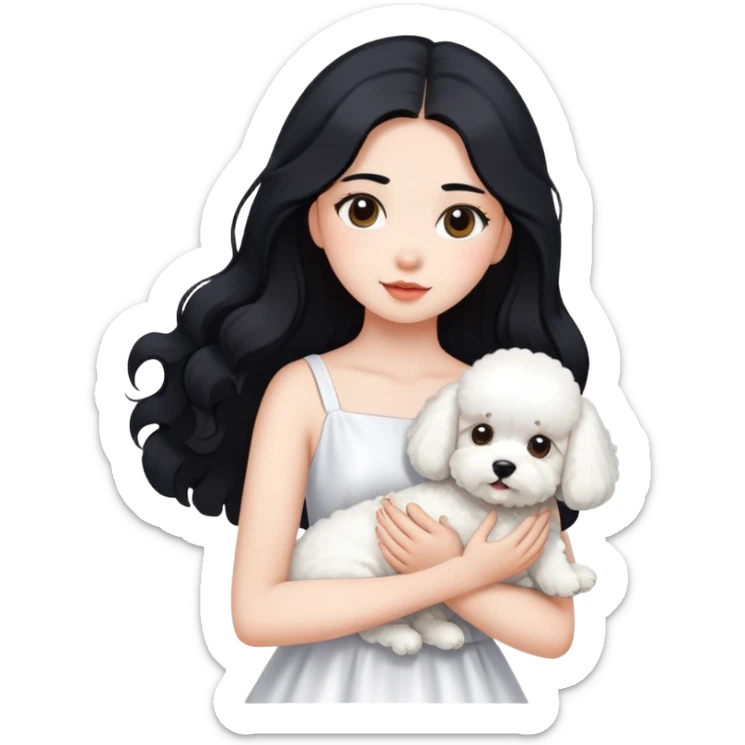 A beautiful girl with long black hair wearing a white dress holds a small white Bichon Frise in her arms sticker