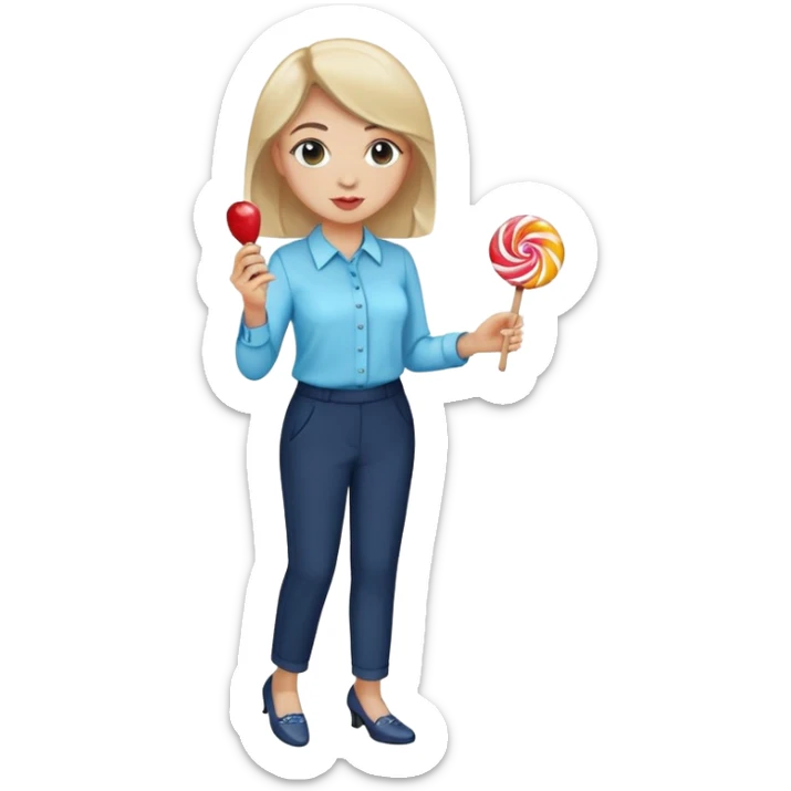 female smart light blue blouse, dark trousers, shoes. one hand holding a lolly sticker