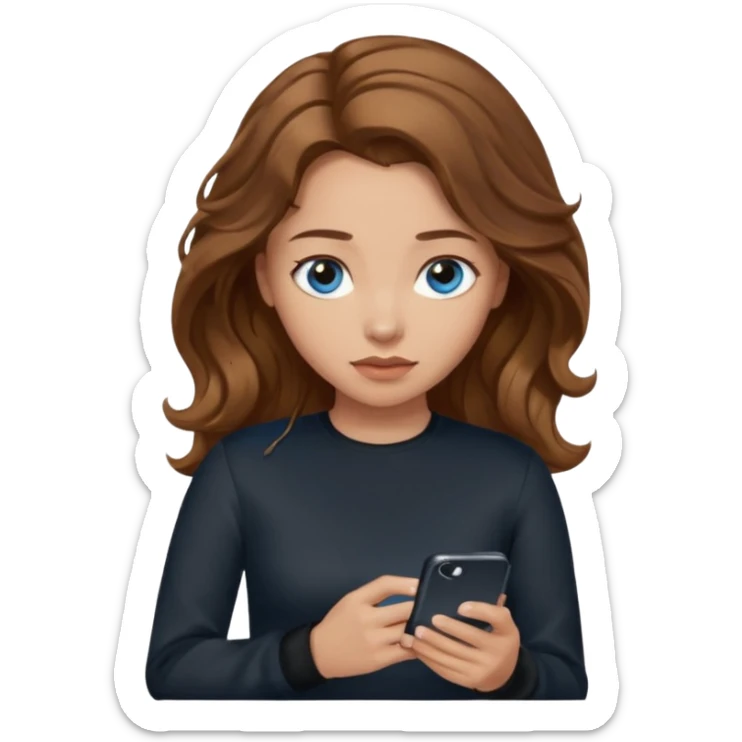 generate a pretty woman with blue eyes, light skin and medium brown long wavyshiny hair holding a phone she is looking at the phone while looking down at the screen. she is wearing an ALL black long sleeve sticker