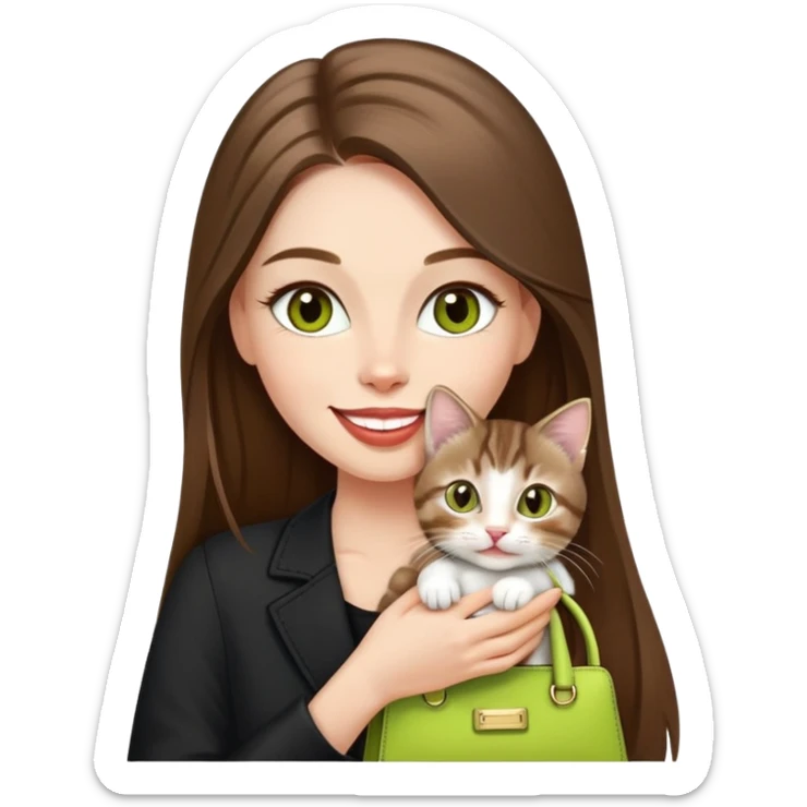 White Woman with VERY long straight brown hair, rosy lips, chartreuse eyes, cute happy big smile holding a white and brown tabby kitten, wearing a black purse sticker