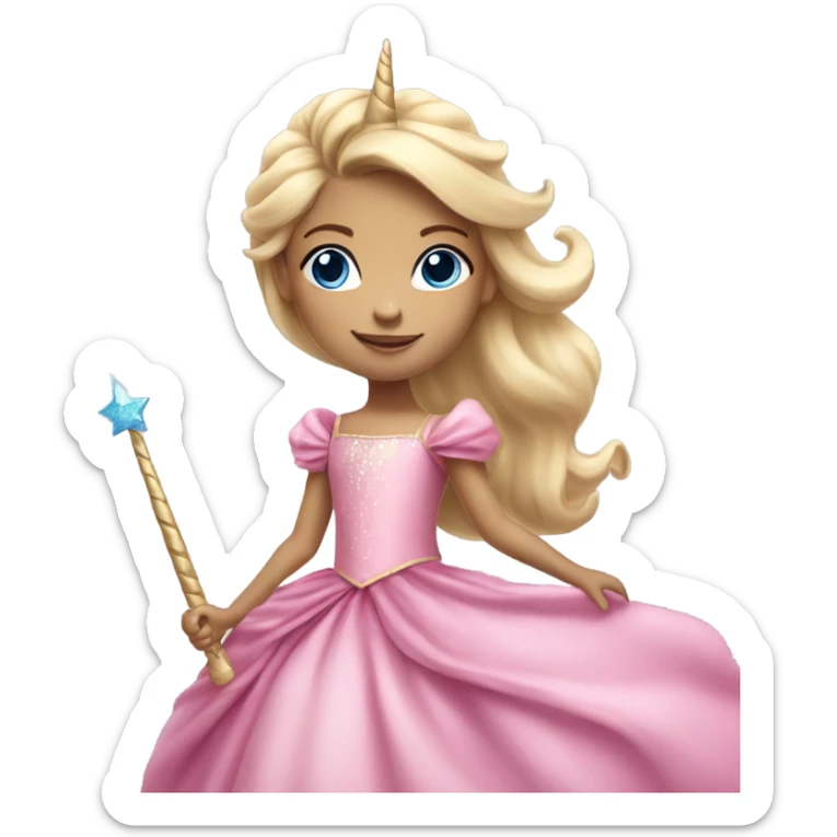 Little 5 year old long blonde girl blue eyes in a princess dress riding a big pink unicorn  sticker