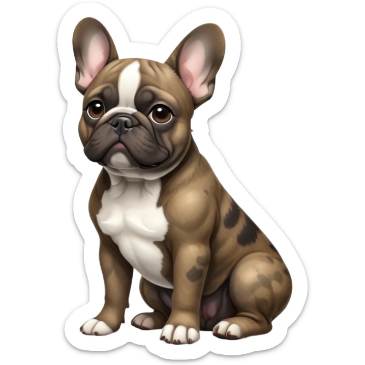 cinematic-[french bulldog]-realistic-full-body-sitting-emoji,-tail-resting-loosely-beside-its-paws,-head-tilted-dramatically,-sleek-[solid brindle]-fur,-simplified-yet-realistic-focused-features,-highly-detailed,-glowing-with-an-almost-sarcastic-glow sticker