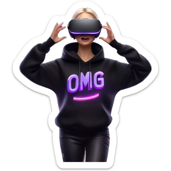 Russian girl wearing black hoody with violet letters "OMG", in vr headset oculus quest2. Dancing. Cyberpunk style. Violet neon. sticker