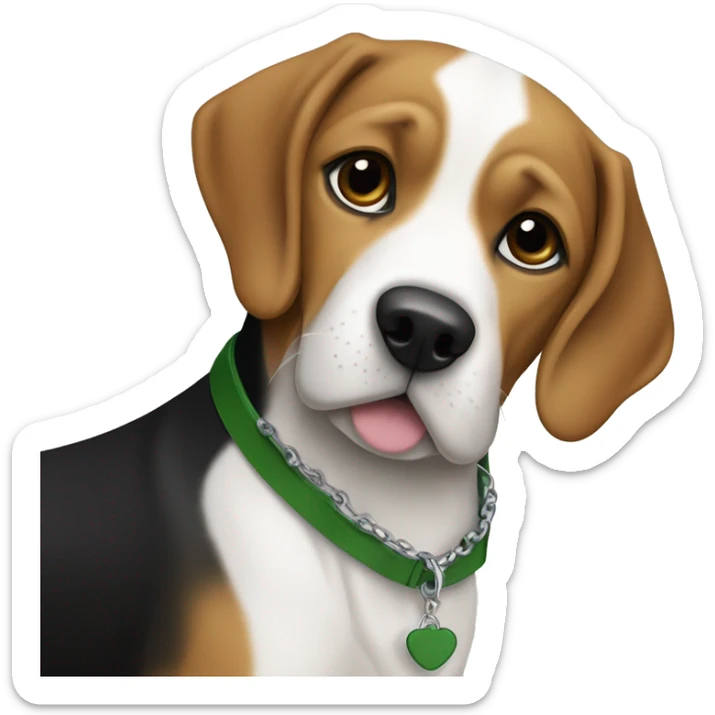 Chien beagle croisé avec un labrador noir avec une tache sur la poitrine et un collier vert  sticker