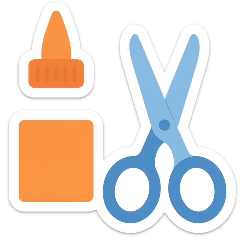 bottle of glue with orange label and tip and a pair of blue scissors, flat toon vector illustration sticker