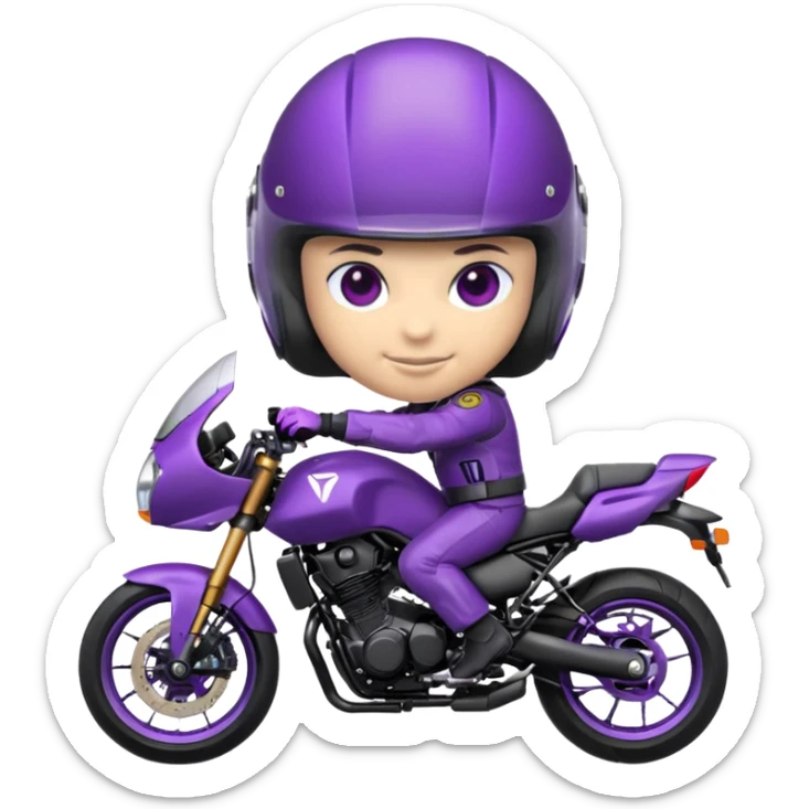 Créer un emoji avec une moto mt07 sport noir mate / violet iridescent très foncé. Avec une pilote dessus visière violet sombre faceless, bulle de la moto violet. Avec fond arrière violet, tenue complète casque inclus violet  sticker