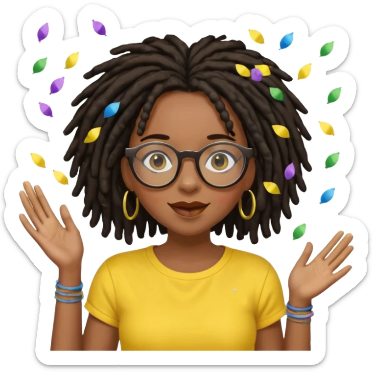 Black female with dark dreadlock hair wearing large round glasses and a yellow top celebrating with confetti sticker