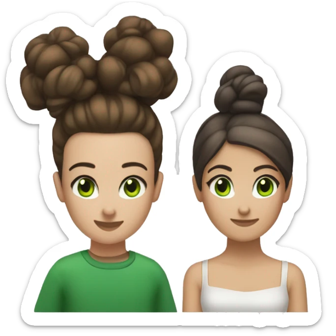 Female Brunette hair up in a bun with brown eyes with a male green eyes and brunette hair next to each other  sticker