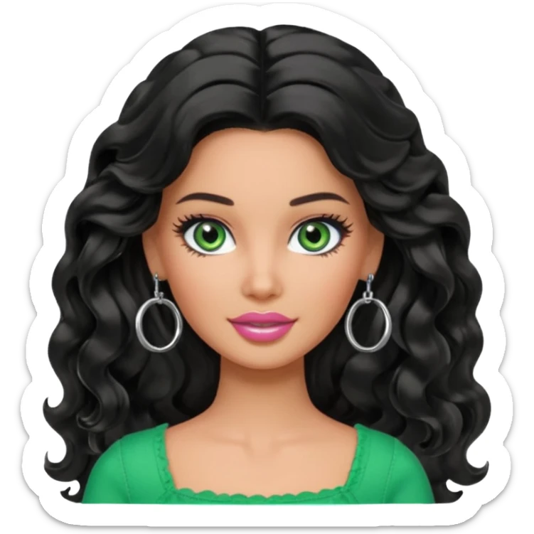 Barbie with olive skin, long black wavy hair and green eyes and silver hoop earrings sticker