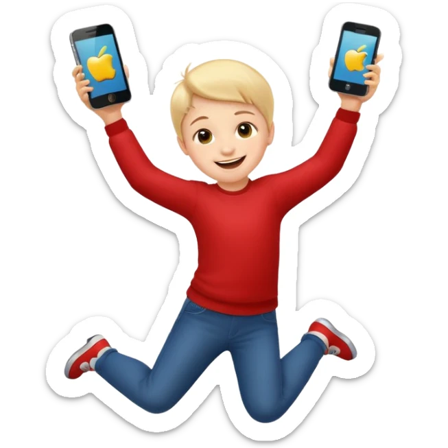 happy child dancing with a phone, jumping in the air, apple style emoji sticker