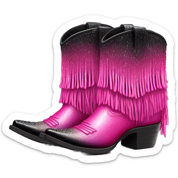 Realistic hot pink to black ombre pair of fashion cowgirl boots with sparkly shiny glitter fringe on them. sticker
