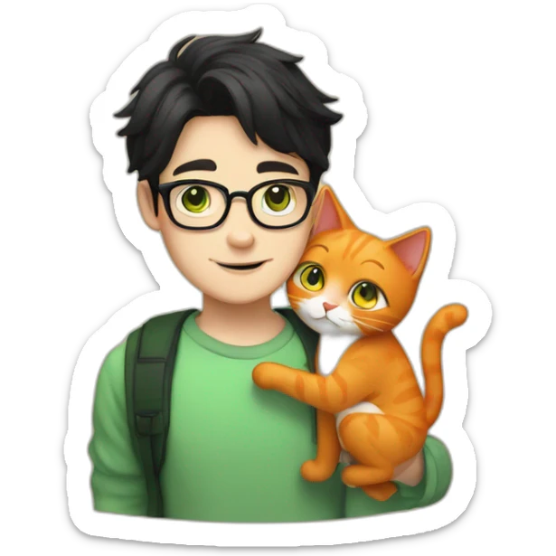 White boy with green eyes, black hair and with glasses hug percian orange cat sticker