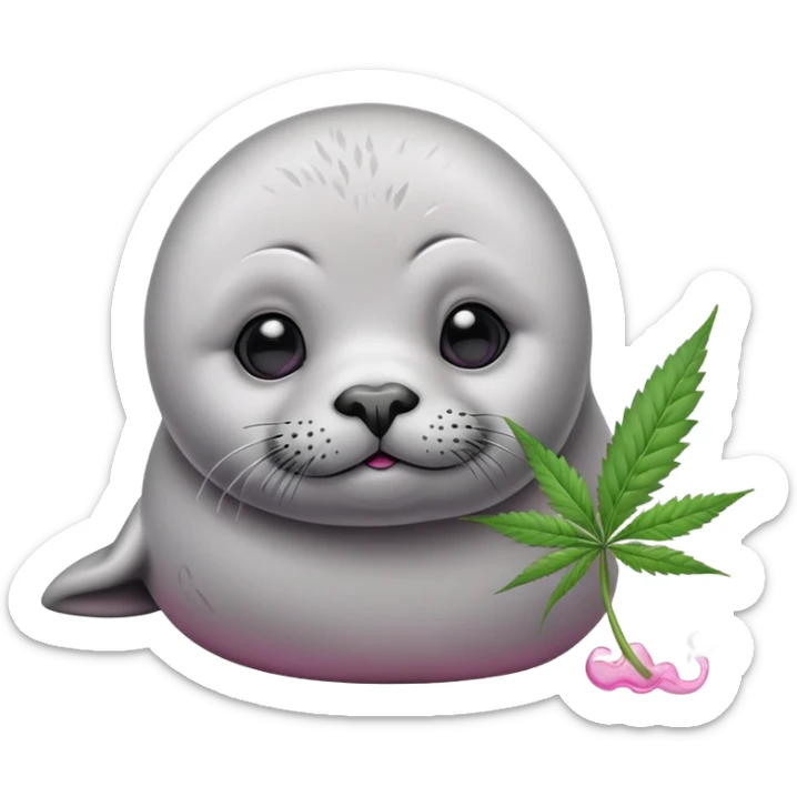 Grey slim baby seal Smoking cannabis weeds with pink eye looks tired sticker