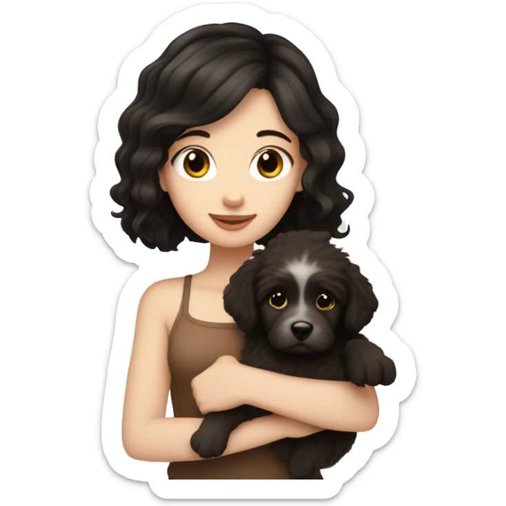pale white girl with black hair holding brown fluffy puppy sticker