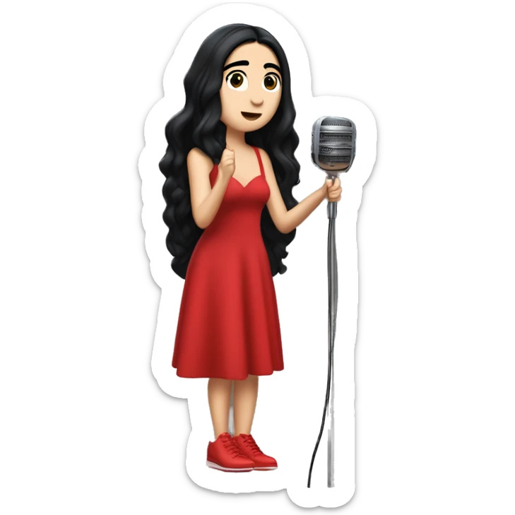 Dua Lipa, full body with long black hair, wearing a long red dress with red shoes, singing with microphone in her hand sticker