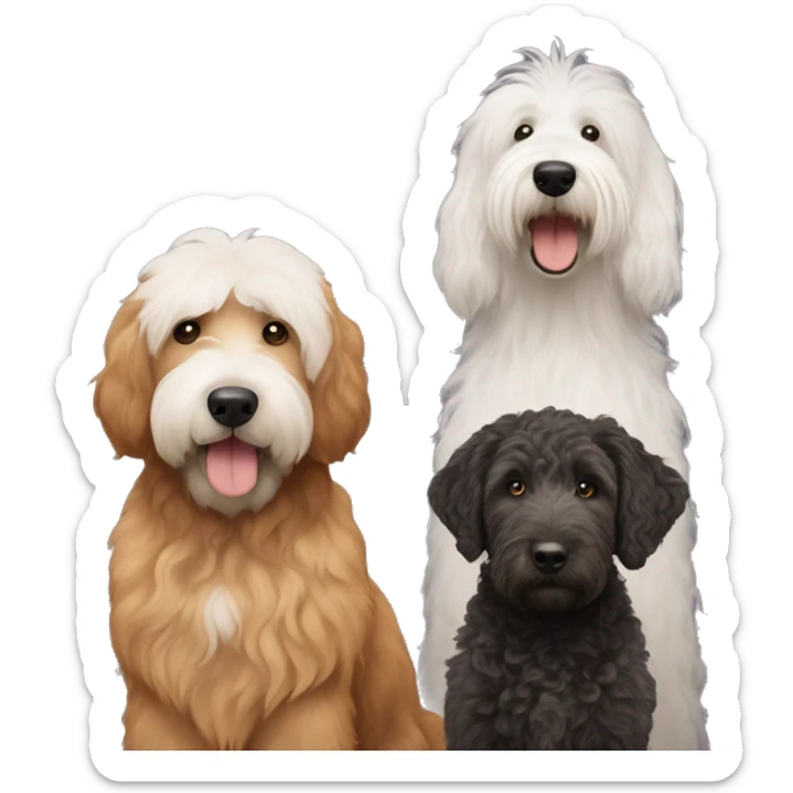 Two black golden doodles, a brown golden doodle, and a old English sheepdog together sticker
