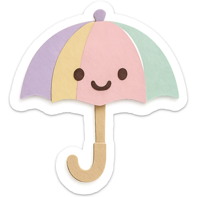 kawaii pastel rainbow umbrella with smiling face, no arms, no legs, full body, soft pastel kawaii paper craft style sticker