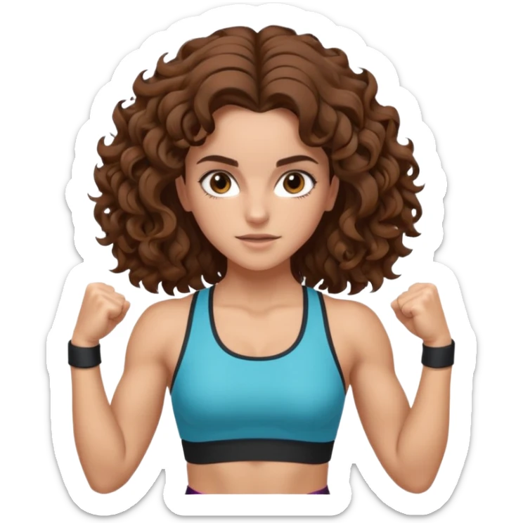full body, very beautiful italian girl, looking like Emma Watson, with curly and big volume very bright brown hair, workout clothes, flexing muscles

 sticker