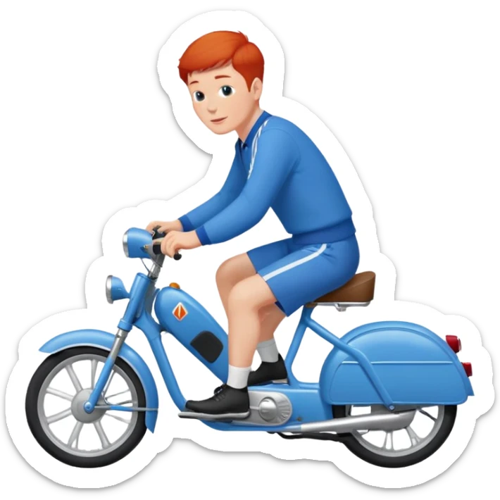 Un Solex 5000 de couleur blanche avec un homme aux guidon, habillé en bleu avec les cheveux courts et roux  sticker