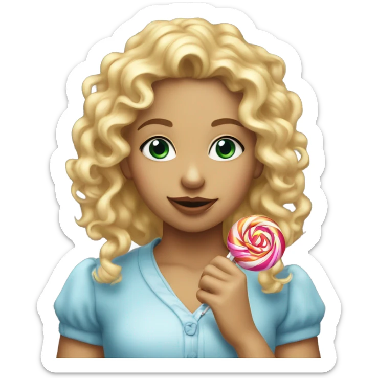 girl sucking a lollipop with blonde curly hair and rlly pretty sticker