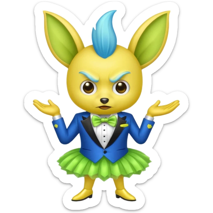 Angry blue banana with ears wearing a sparkly lime green tuxedo and tutu sticker