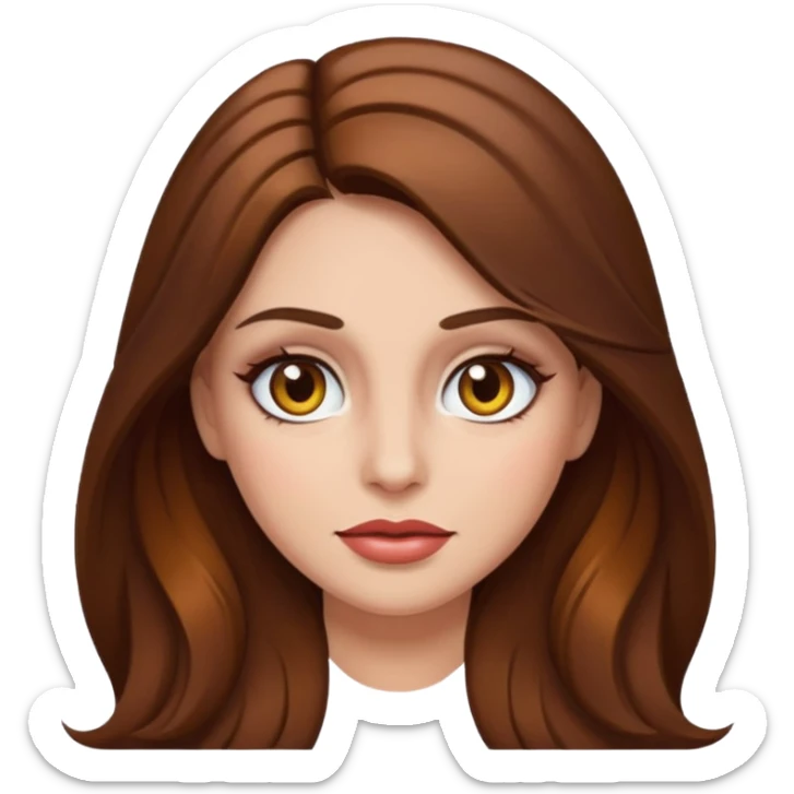 woman with long brown hair, hazel eyes, and makeup, emoji style sticker