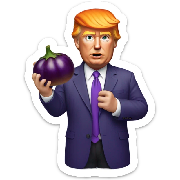 Realistic Donald trump with bright orange hair eating long, skinny purple ￼eggplant sticker
