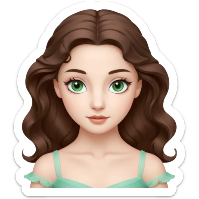 Cinema Realistic Ballerina Portrait, with porcelain-like skin featuring a natural rosy flush, illuminated by soft lighting that highlights the gentle contours of her face. Her Brunette hair flows in soft.Her deep green light eyes radiate framed by arched brows and long lashes. sticker