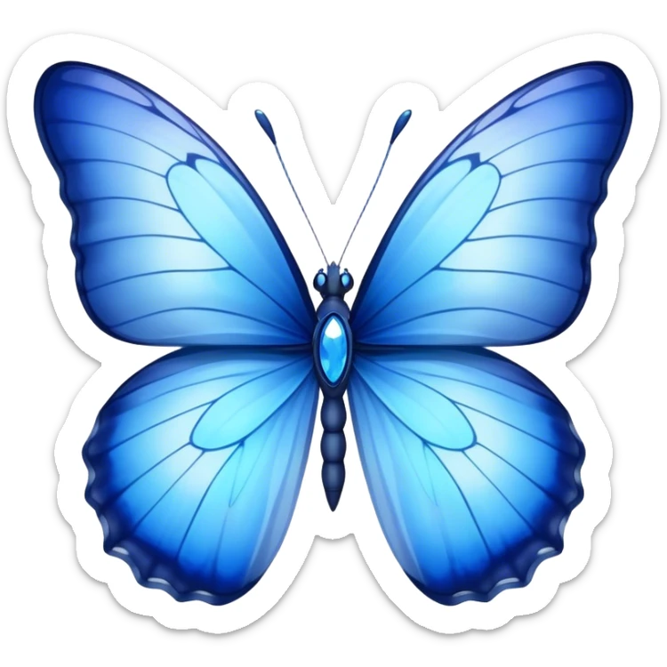 Cinematic Realistic Noble Blue Butterfly Portrait Emoji, Poised and graceful, with delicate, translucent wings rendered in vivid sapphire and indigo tones, a slender, elegant body with finely detailed textures, and gentle, reflective eyes, illuminated by soft natural light, high shine, intelligent and ethereal, styled with an air of refined natural beauty, focused and attentive, soft glowing outline, capturing the essence of a watchful and confident blue butterfly that appears to flutter out of the screen with effortless grace! sticker
