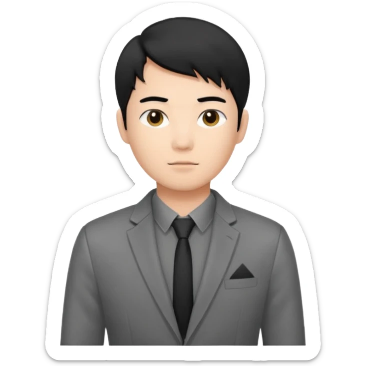 asian young man with black hair middle part haircut in grey blazer and black t-shirt  sticker